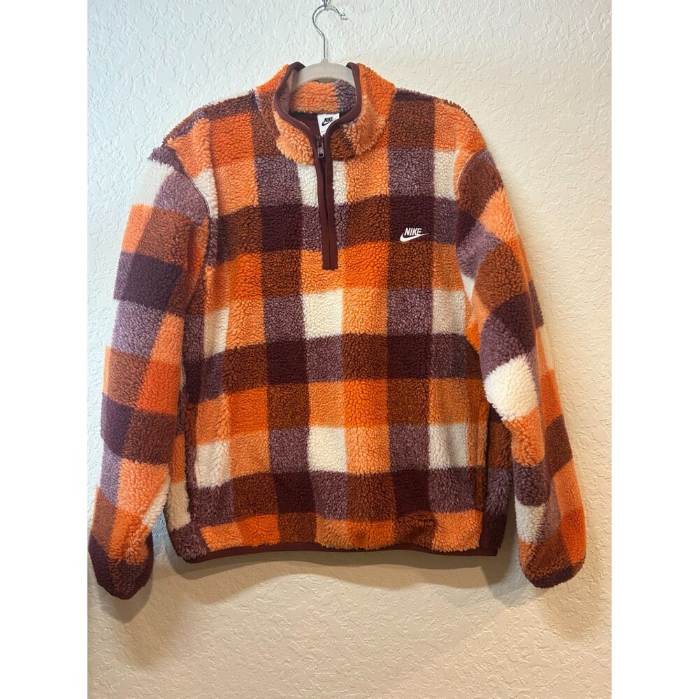 Nike Club Sherpa Fleece Half Zip Plaid Pullover Mens L Orange Burgundy NWT